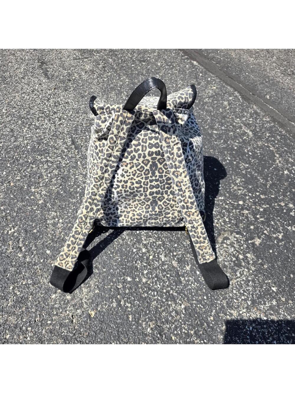 Leopard Print Vegan Leather Straps 90's Grunge Indie Sleaze Drawstring Backpack - Picture 3 of 8